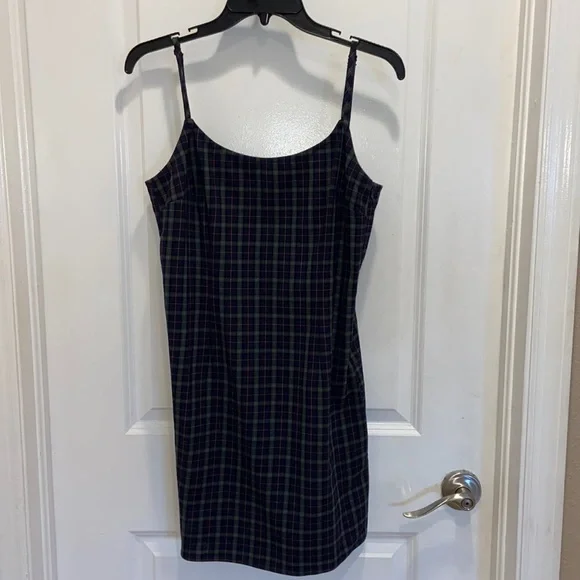 Navy blue and green plaid mini dress- cut back